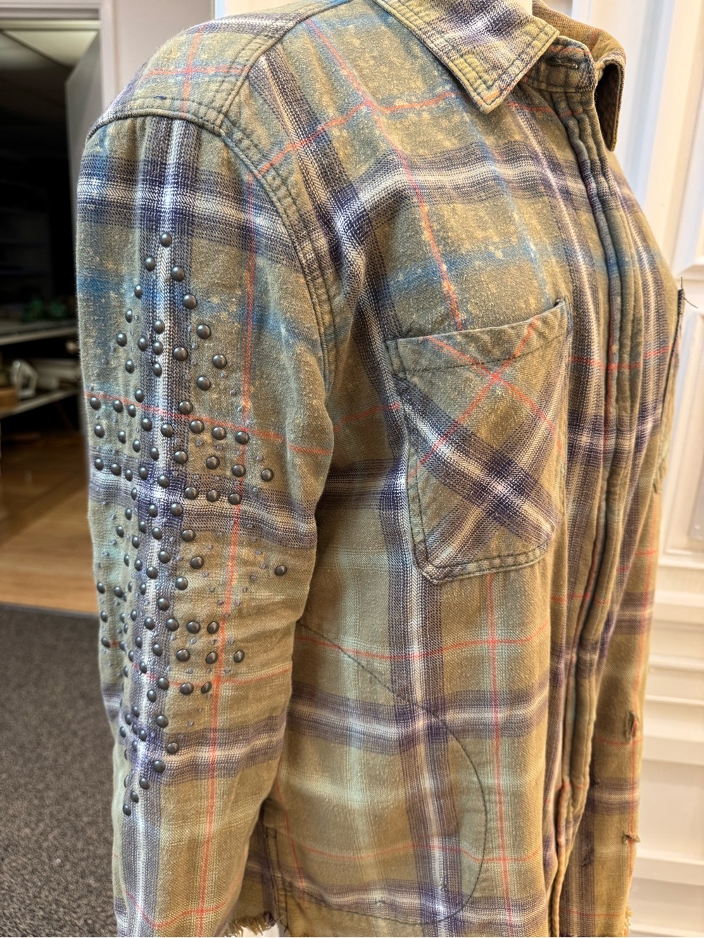 Free People Olive Plaid Distressed Zip-Up Jacket - Picture 3 of 4